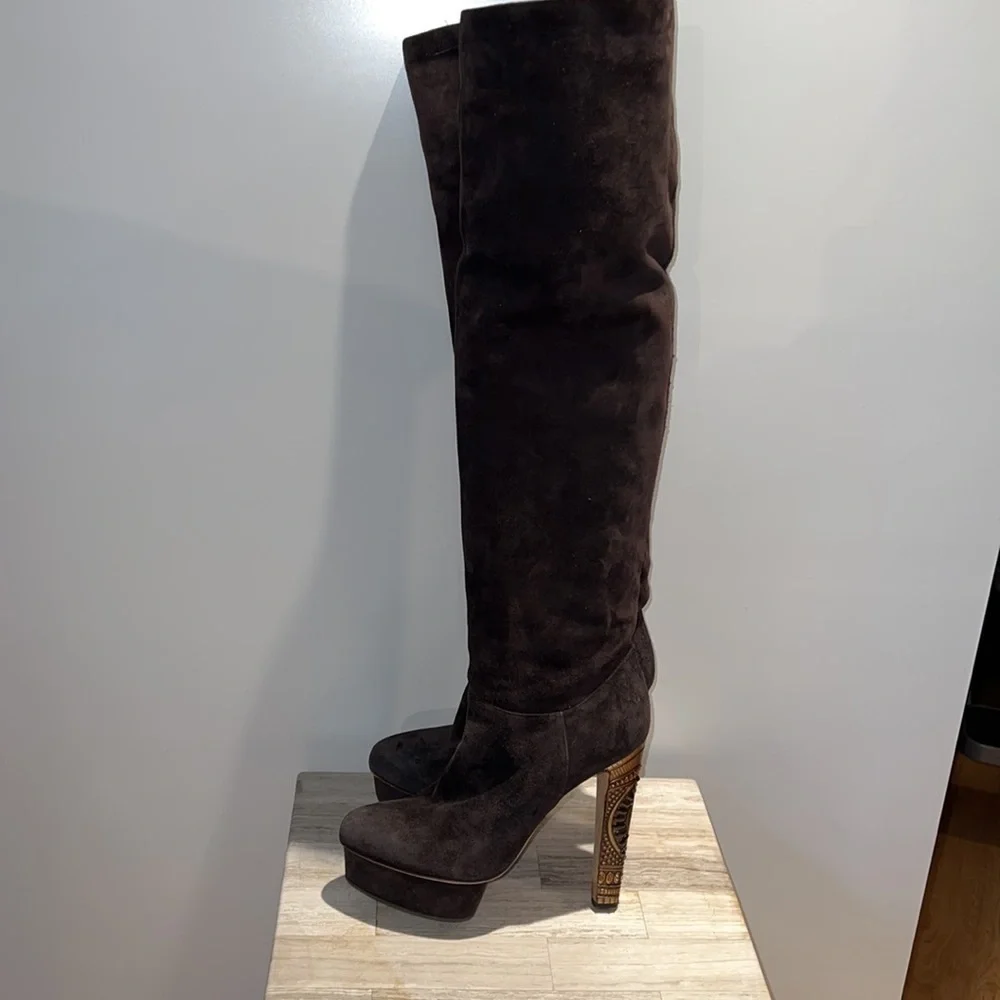Le Silla 39/US 9 Brown Suede Metal Crystal Embellished Platform Tall Boots
